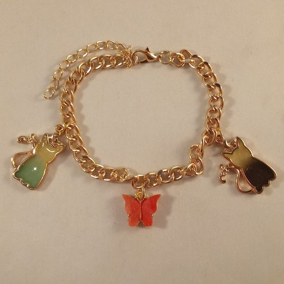 Yellow Gold Plated Mystic Cat Butterfly Charm Chain Bracelet Women's Party Gift - Picture 3 of 5
